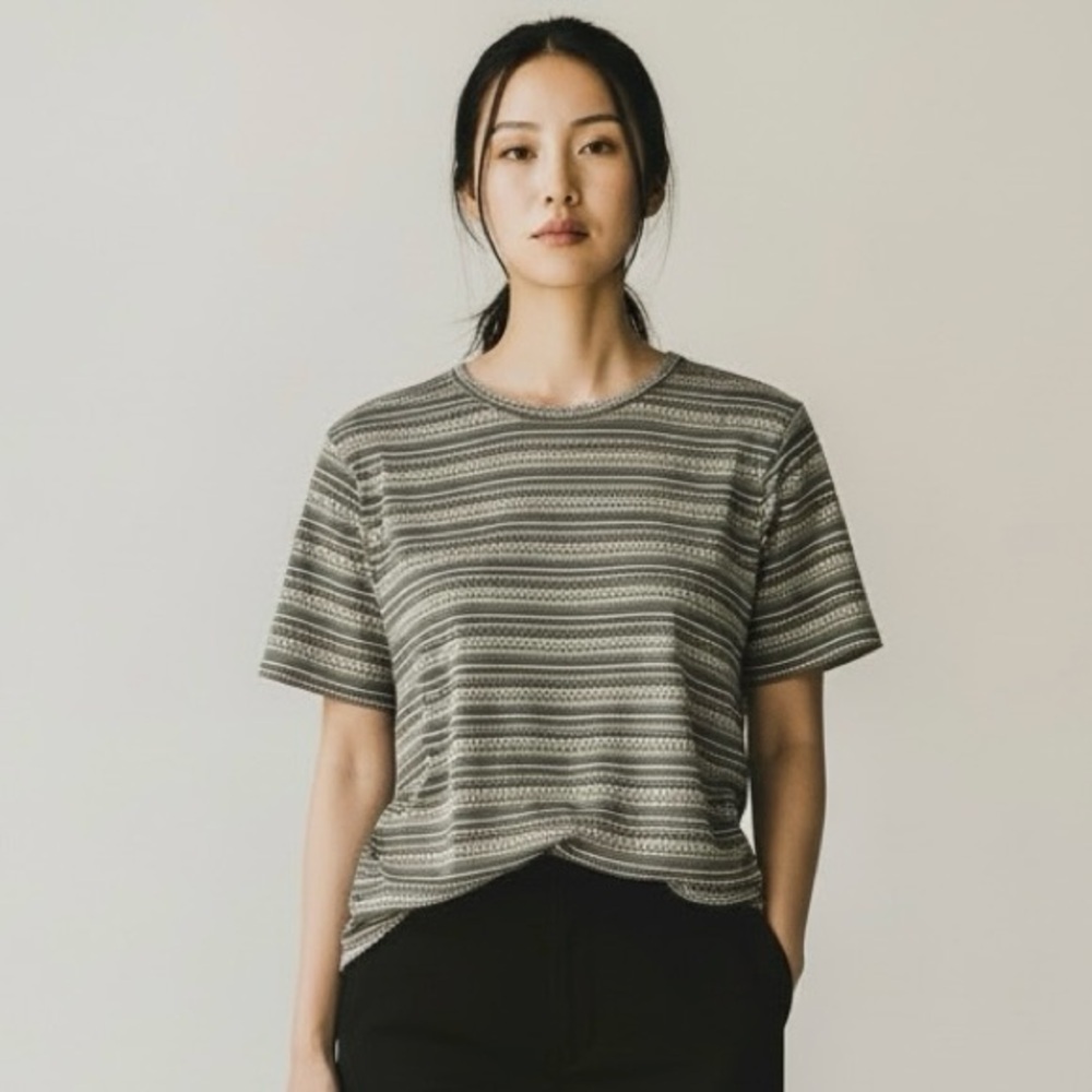 Bobeau Green/Cream Multicolored Striped Super Soft Women's L Top
